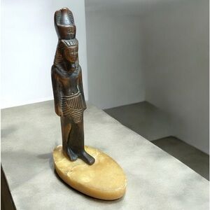 Vintage Egyptian pharaohCopper King Ramses Statue On stone Base‎ 9”